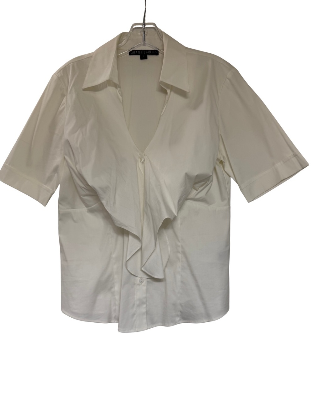Lafayette 148 NY White Ruffle Front Stretch Cotton Blouse 8 Short Sleeve V-Neck
